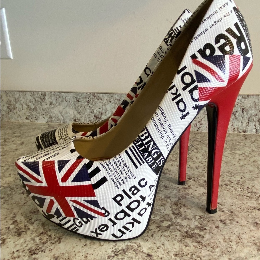 Bumper Elle London print platform stilettos